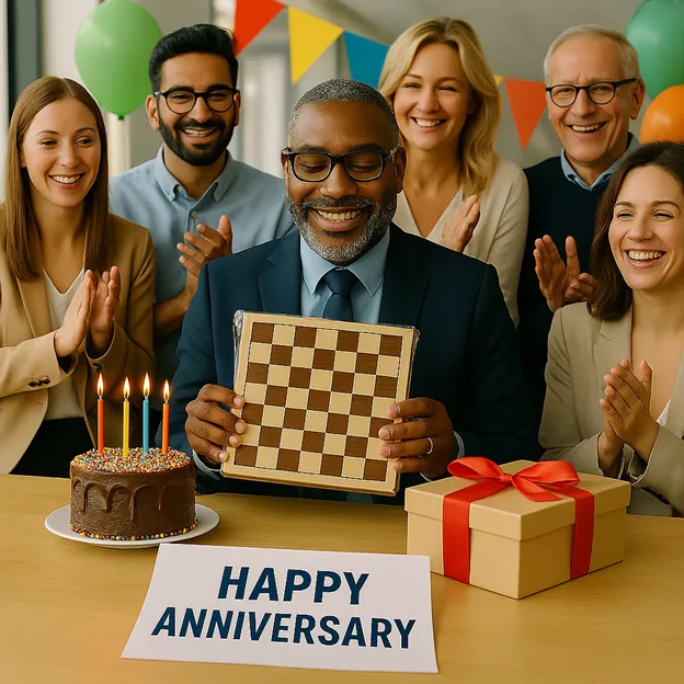 Coworkers smiling and clapping for an employee's anniversary with cake and a gift